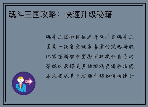 魂斗三国攻略：快速升级秘籍